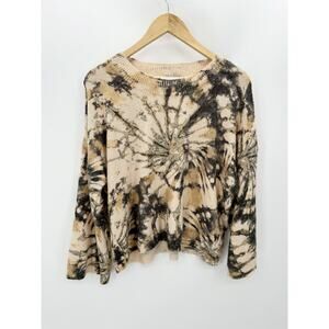 Peyton Jensen Sweater Women SMALL Cream Black Tie Dye Wide Sleeve Knit Pullover
